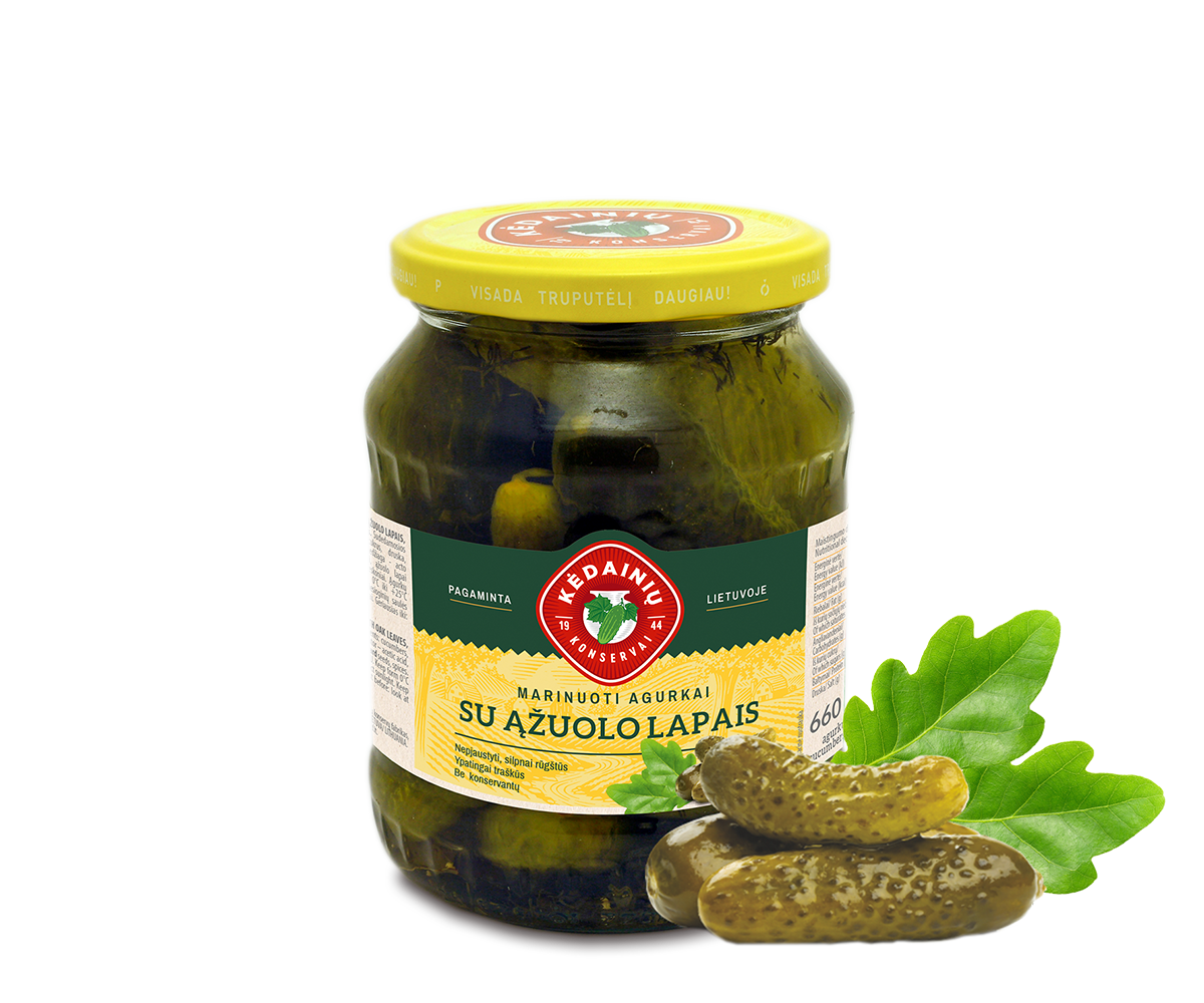 Pickled cucumbers with oak leaves